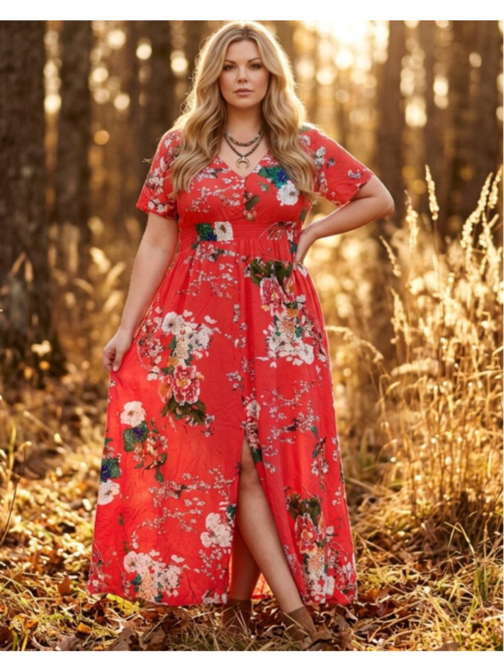 Plus Size Floral Prarie Maxi Dress, 3X, Red and White Button Empire Waist Slit